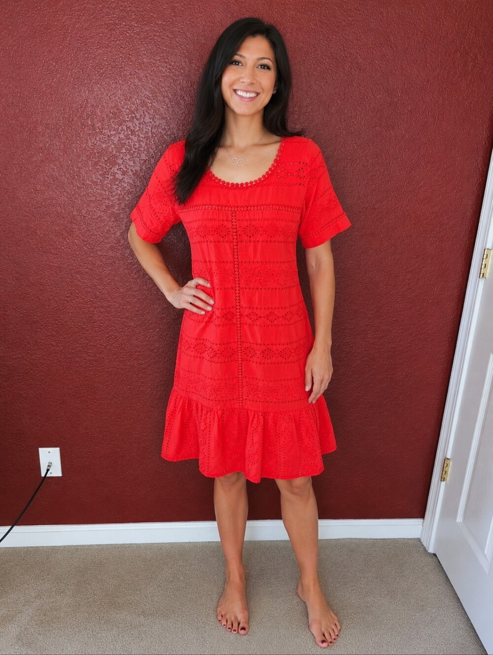 Women's Red Eyelet Ruffle-Hem Mini Dress